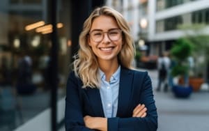 Smiling business woman in blue suit