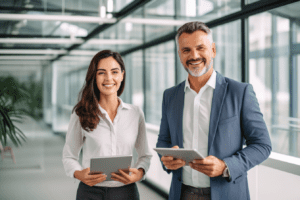 Two business professionals working on tablets