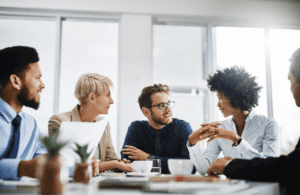 A diverse group of professionals have a meeting