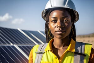 A worker in hard hat and hi-vis jacket at a solar farm.