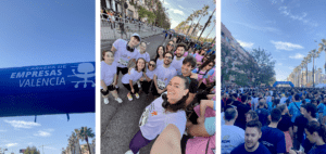 Taylor Hopkinsons team Valencia posing before the Carrera de Empresas Valencia charity race, and logo banner of the charity