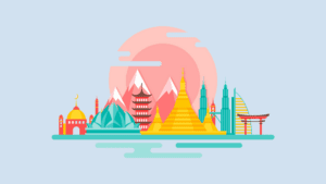 A design featuring famous Asian landmarks