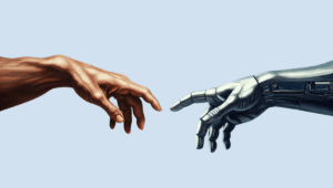 A human hand and a robotic hand reaching out to each other in the style of Michelangelo's painting of God and Adam